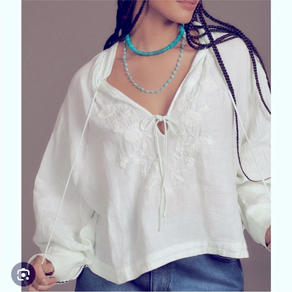 by Anthropologie Mint Green Floral Embroidered Linen Peasant Blouse M - Picture 3 of 11